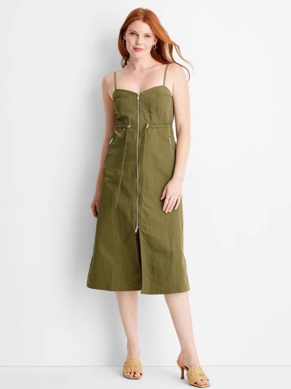 Nylon Zip-Front Midi Dress - Future Collective Olive Green Medium NWT